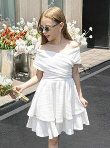 SHEIN 优雅纯色时尚休闲露肩少女连衣裙