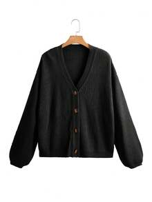 Omancia White Lantern Sleeve Button Front Ribbed Loose Knit Cardigan, Spring/Summer