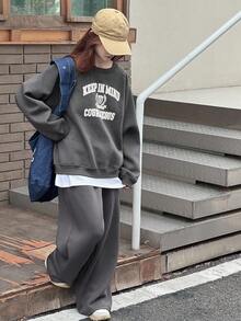 DAZY 少女休闲字母印花运动衫和运动裤套装秋季 - 深灰色 - 查看 1