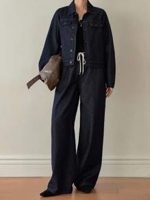 Dazy-Less Women's Loose Business Casual Cargo Style Denim Jacket And Pants Set With Large Pockets, Drawstring, Tie Waist, Autumn/Winter,Fall Women Clothes - Black - View 6