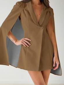 Enchnt Women's Fashionable Elegant Elegant Solid Color Shawl Neck Cape Sleeve Blazer Dress In Fall/Winter - Brown - View 3