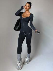 Dewbera Salopetă sport casual pentru femei cu guler rotund și mâneci lungi