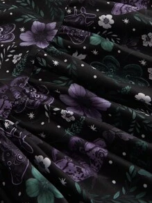 ROMWE Goth Spring/Summer Plus Size Dark Purple Moth & Floral Print Maxi Slip Dress - Purple - View 4