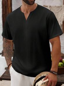 Manfinity Homme Camisa casual de manga corta con cuello en V de unicolor para hombres de talla grande - Negro - Ver 4