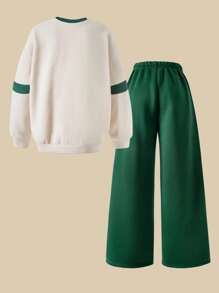 SHEIN 2pcs/Set Girls Casual Loose Drop Shoulder Sweatshirt And Wide Leg Pants, Autumn/Winter Fall