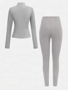SHEIN Girlism 少女灰色立领拉链修身休闲运动服套装（含紧身裤、运动套装、学院服、慢跑服） - 灰色 - 查看 2