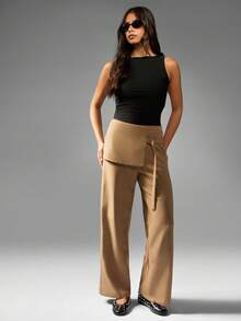 MISSGUIDED 高腰阔腿裤，带覆盖面板设计商务休闲办公室长裤秋冬时尚阔腿风格 - 卡其色 - 查看 4