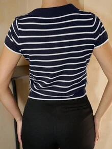 Andrea Bello 女式有领条纹套头短袖毛衣 - 藏蓝色 - 查看 2