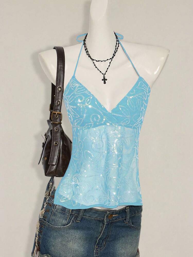 SHEIN ICON Women's Y2K Sexy Floral Lace Backless Halter Neck Camisole Blue Sequin Top