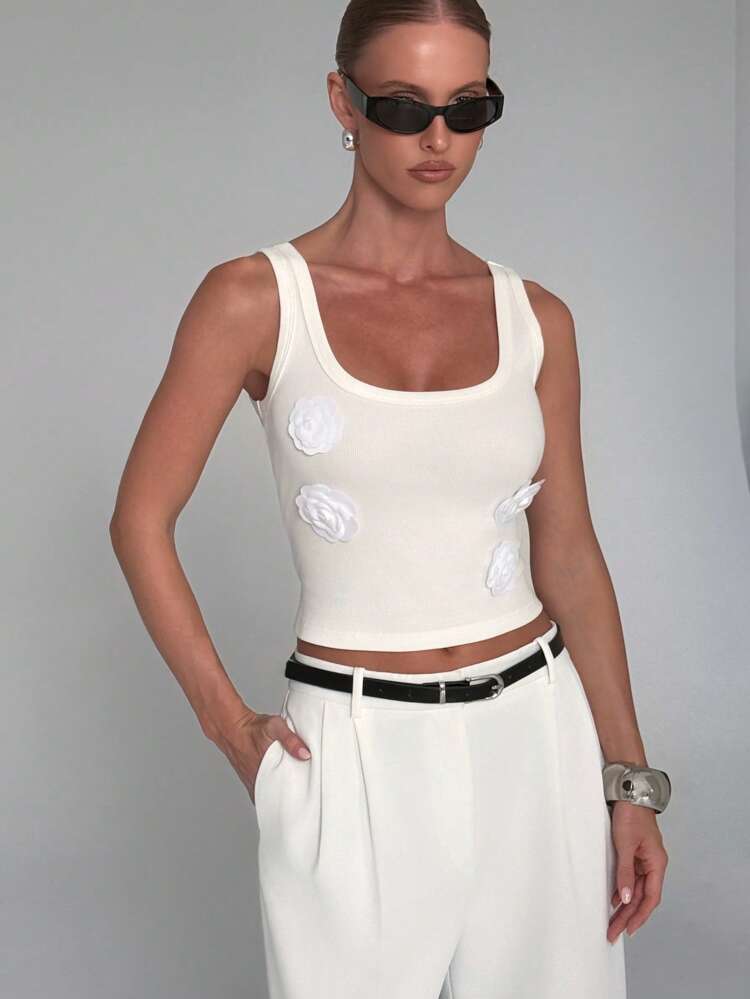 Ribbed Tank Top With Floral Appliques