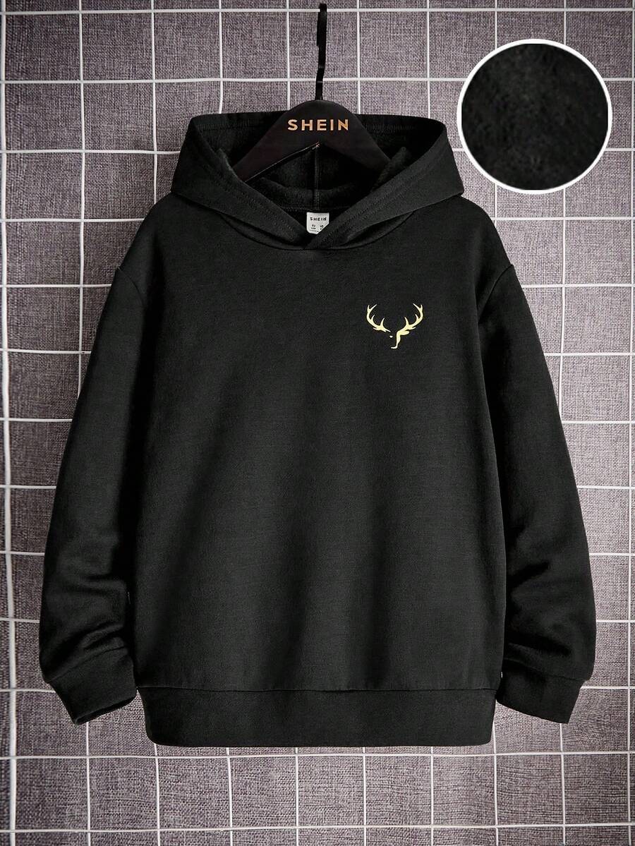 SHEIN 青少年男童鹿角印花长袖保暖休闲卫衣，秋冬季，尺码：卫衣，黑色卫衣，冬季，秋季，黑色上衣，秋季上衣 - 黑色 - 查看 1