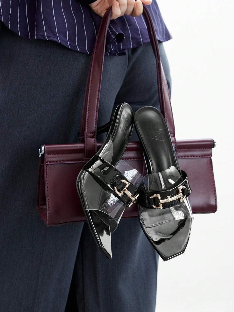 CUCCOO BIZCHIC Women's Black Buckle Decor Transparent Square Toe Sandals