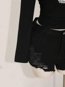 SHEIN ICON Plus Size Y2K Knit Notch Neck Hollow Out Long Sleeve Top, Sequin Decor Party Top, Date Top, Sexy Sequin Decor Top - Black - View 6