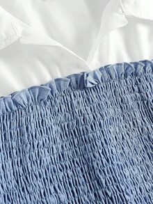 SHEIN Girlism 2 件套青少年女孩纯色拼布长袖休闲上衣和裤子套装，适合春秋冬季优雅休闲装 - 藍白色 - 查看 3