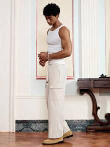 SWAVVY Men's Casual Solid Color Straight Leg Cargo Pants - Beige - View 4