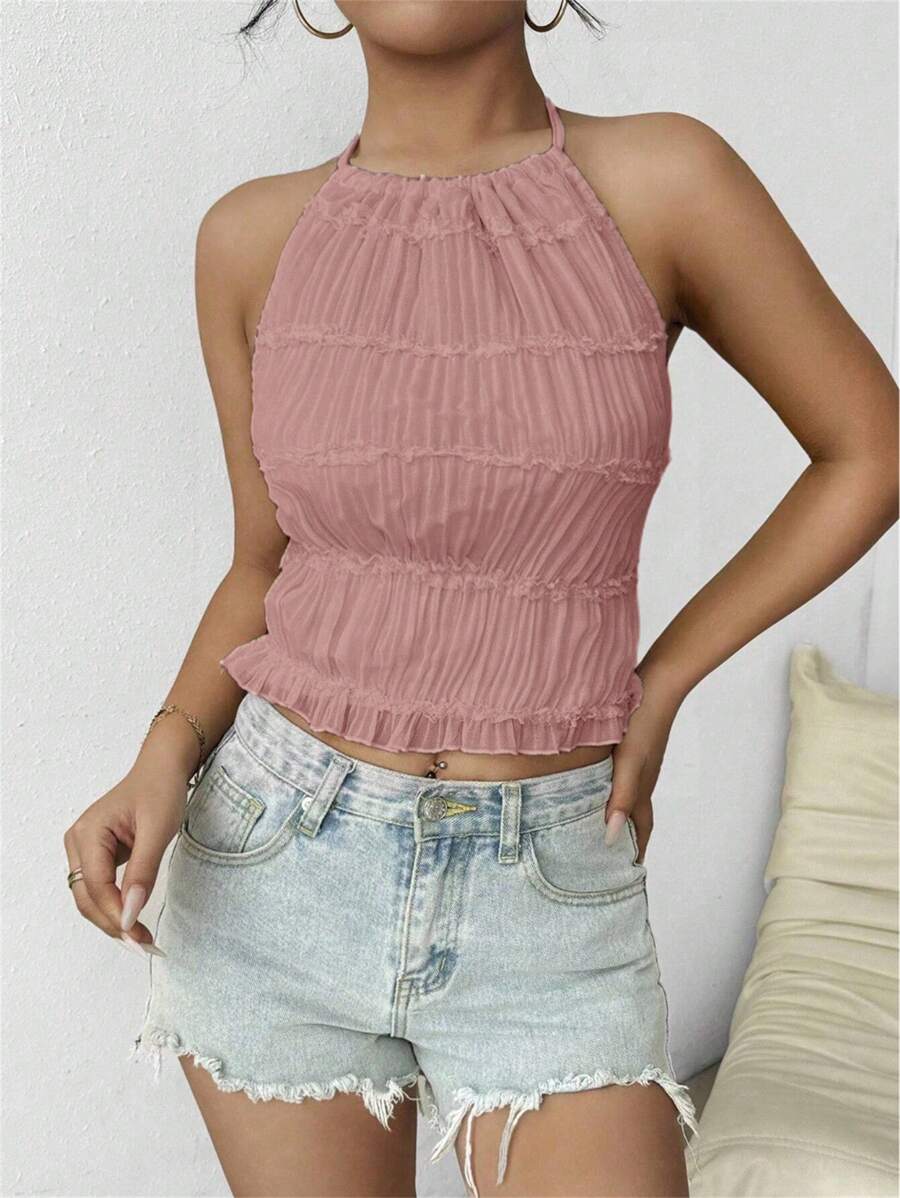 SHEIN Unity Women's Sexy Solid Color Backless Halter Top, Summer Clothes For University - Dusty Pink - View 1
