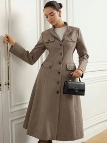 Aveloria Elegancki, rozkloszowany płaszcz z francuskim pasem i guzikami w kształcie rogu, długi, damski - Kolor khaki - Zobacz 5