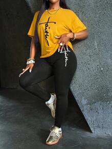 SHEIN Women's Letter Printed Round Neck T-Shirt And Leggings Set - Yellow - View 4