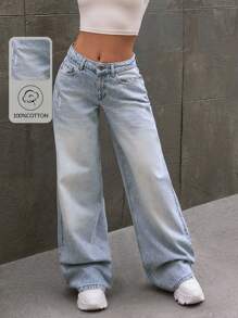 EURMUSE WOMEN MID WAIST WIDELEG BLUE DENIM CASUAL STREET WEAR - Medium Wash - View 1