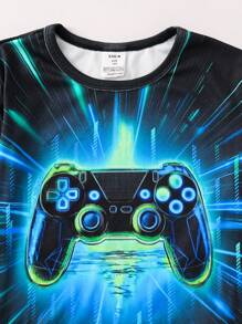 SHEIN Set de pijama suave y cómodo con camiseta de manga larga con cuello redondo y pantalones con estampado de consola de juegos que brilla en la oscuridad para niño preadolescente, 2 piezas - Negro - Ver 6