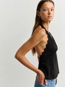 Nöista Top halter sin espalda con borde de encaje de color negro sólido, para verano y salir - Negro - Ver 3
