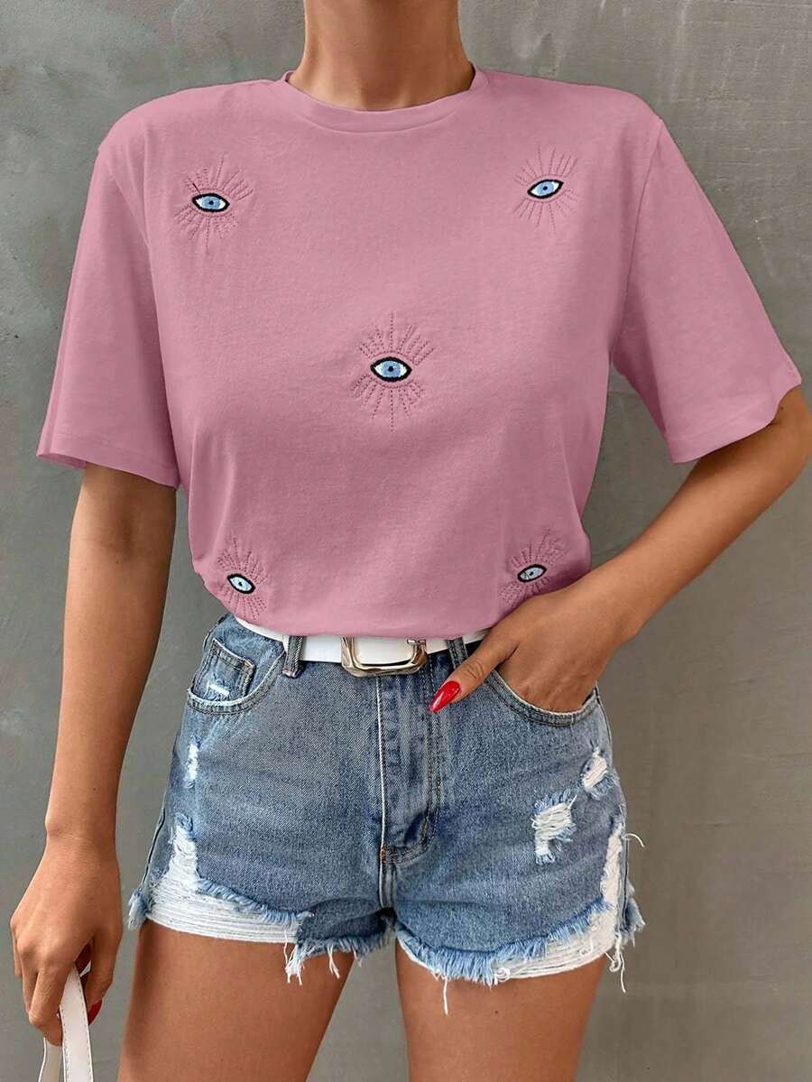 EURMUSE Áo thun cổ tròn nữ 100% cotton thêu hình mắt - Màu Hồng baby - Xem 1
