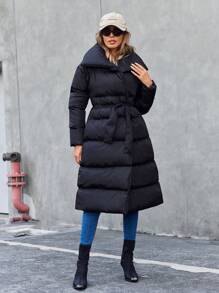 RueChic Solid Belted Puffer Coat - Black - View 3