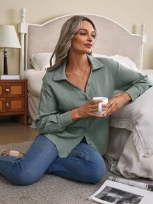 Louniche Women's Solid Color Drop Shoulder Long Sleeve Single-Breasted Casual Shirt - Mint Green - View 6