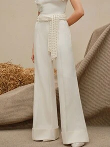 Anewsta Tall Quần ống rộng nữ thanh lịch, thời trang công sở và hẹn hò, thắt lưng đính cườm, kiểu dáng xuân/hè. - Màu be - Xem 2