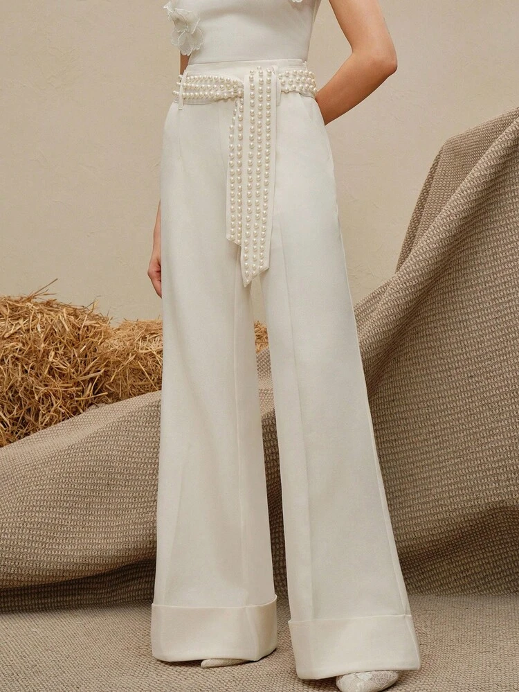 Women's Elegant Fashion Commute & Date Woven Beaded Waist Belt Decor Beige Pants, Spring/Summer