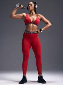 Powerista Sujetador deportivo casual con espalda descubierta y tirantes con letras para mujer - Rojo - Ver 7