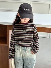 DAZY Young Girls Round Neck Casual Long Sleeve T-Shirt, Brown Stripes, Korean Style, Spring/Autumn - Coffee Brown - View 5