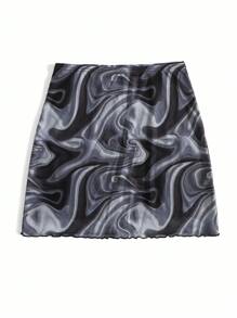 SHEIN EZwear Marble Print Lettuce Trim Skirt - Black and White - View 3