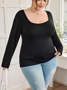 SHEIN CURVE+ Curves 大码/学校服装/返校服装/返校 2 件/套装大码女式方领紧身长袖休闲黑白 T 恤套装，百搭女士春秋季基本款上衣大码黑色上衣大码长袖上衣方领上衣大码女式上衣大码纯色上衣女式秋季服装，冬季，CURVE PLUS - 黑與白 - 查看 4