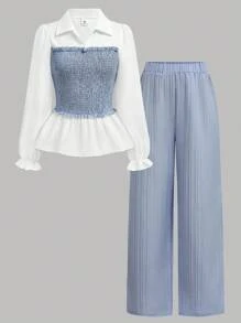 SHEIN Girlism 2 件套青少年女孩纯色拼布长袖休闲上衣和裤子套装，适合春秋冬季优雅休闲装 - 藍白色 - 查看 10