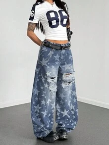 StreetHx Pantalones harem de mezclilla con bolsillos, de talle bajo y rotos, estilo punk callejero para mujeres - Azul lavado medio - Ver 5