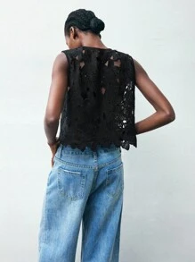 Maija 女士优雅水溶蕾丝A字上衣，休闲罩衫，适合度假、海滩、商务休闲、波西米亚风格场合，也适合万圣节、秋季圣帕特里克节、复活节派对、海滩夏季假期、海滩度假、夏季外出、毕业典礼等场合。 - 黑色 - 查看 2