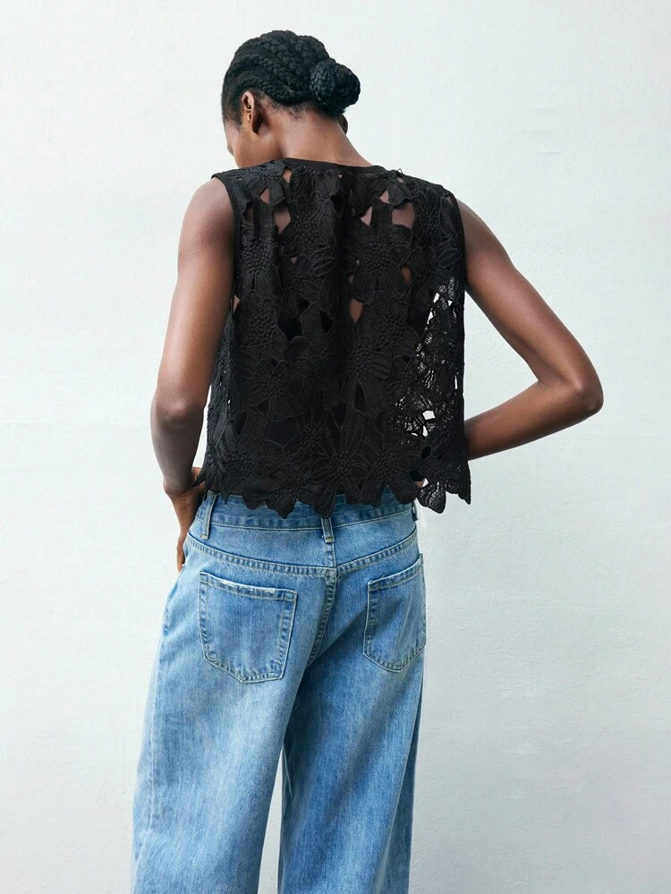 SHEIN Maija Women's Elegant Water-Soluble Lace A-Line Top, Casual Cover Up For Resort, Beach, Business Casual, Bohemian Style Top, Vacation,Halloween,Autumn St Patrick's Day Easter Party Top Beach Summer Holiday Beach Vacation Summer Going Out Graduation