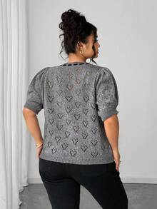 Elenzga Áo len cardigan dệt kim tay phồng khoét lỗ phía trước cỡ lớn cho nữ - Xám - Xem 2