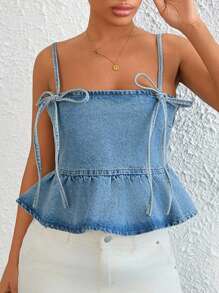 EURMUSE WOMEN RIBBON STRAPPY SHIRRED DENIM TOP - Light Wash - View 6