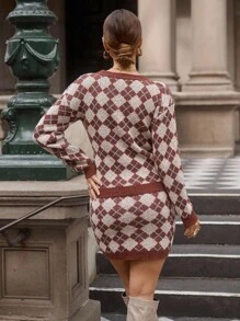 Lavishia Women's Diamond Pattern Long Sleeve Single-Breasted Knitted Cardigan And Knitted Midi Skirt 2 Pieces Set Autumn Winter Clothes For Women - Multicolor - View 2