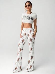 SHEIN ICON 修身卡通印花超低腰喇叭裤女式运动裤 - 淺灰色 - 查看 4