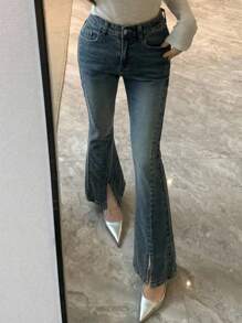 Dazy Tall Jeans de talle alto y acampanados informales con abertura para mujer alta, sexy y con estilo - Azul lavado medio - Ver 7