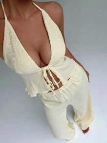 SHEIN Clasi 質感布料打褶露背寬腿連身褲 - 杏色 - 查看 5