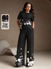 Anewsta Sequin Beaded Party Crop Top, Short Sleeve - Black - View 1