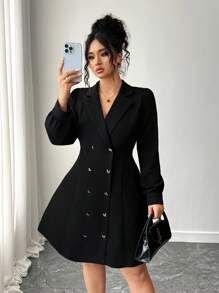 Elenzga 大码女式优雅长袖双排扣西装领连衣裙 - 黑色 - 查看 4