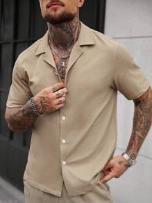 Manfinity Homme 男士夏季纯色翻领短袖单排扣休闲衬衫 - 卡其色 - 查看 4