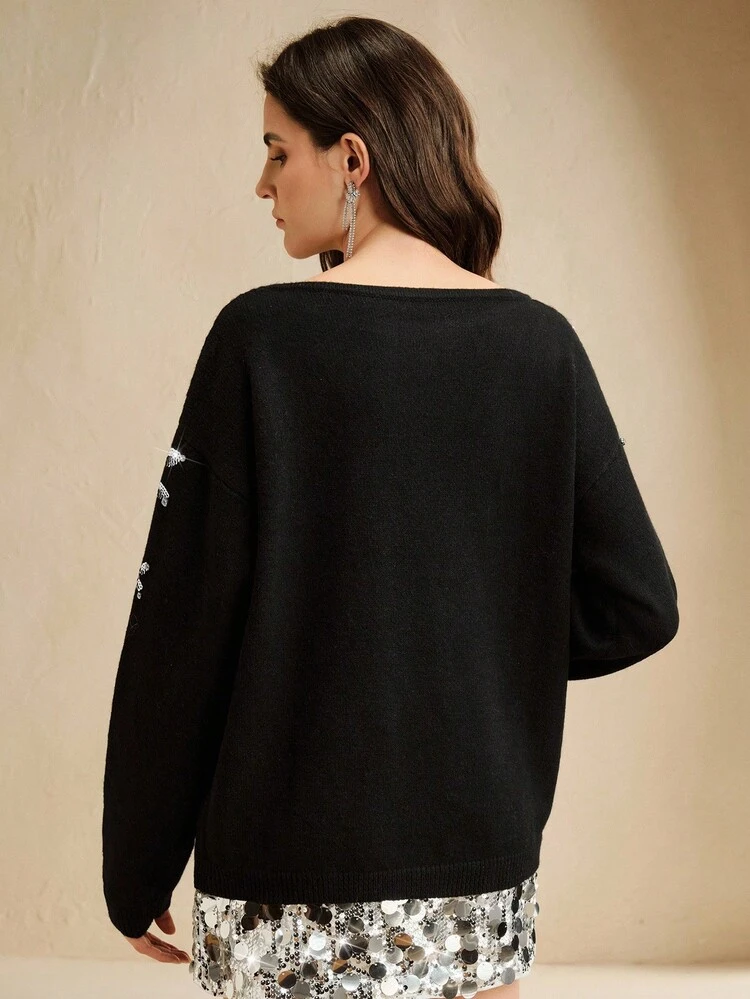 Fashionable Shoulder Embellished Sequin & Rhinestone Loose Fit Long Sleeve Women Sweater, Suitable For Autumn, Fall, Winter, Going Out, Elegant, Formal, Party, Chic, New Year, Christmas, Work, Graduation, Wedding