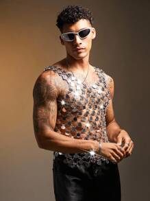 FeverCity Men's Sequin Patchwork Sexy Tank Top, 2000s Style - Silver - View 4