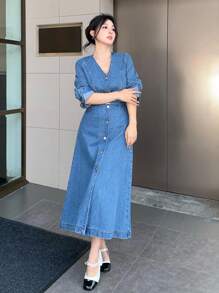 DAZY V 领金属扣腰带修身商务休闲长袖女士牛仔连衣裙，秋冬，秋季女装 - 中等水洗藍 - 查看 2